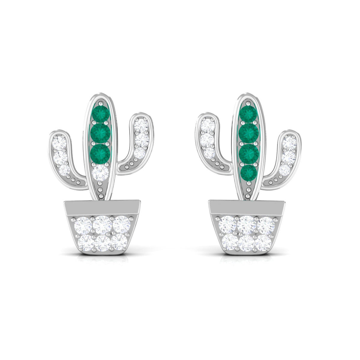 Real Emerald and Diamond Cactus Stud Earrings
