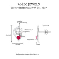 Heart Shape Ruby Cat Stud Earrings with Diamond