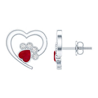 Cute Heart Paw Stud Earrings with Ruby and Diamond