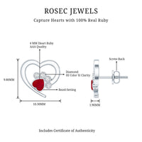 Cute Heart Paw Stud Earrings with Ruby and Diamond