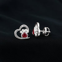 Cute Heart Paw Stud Earrings with Ruby and Diamond