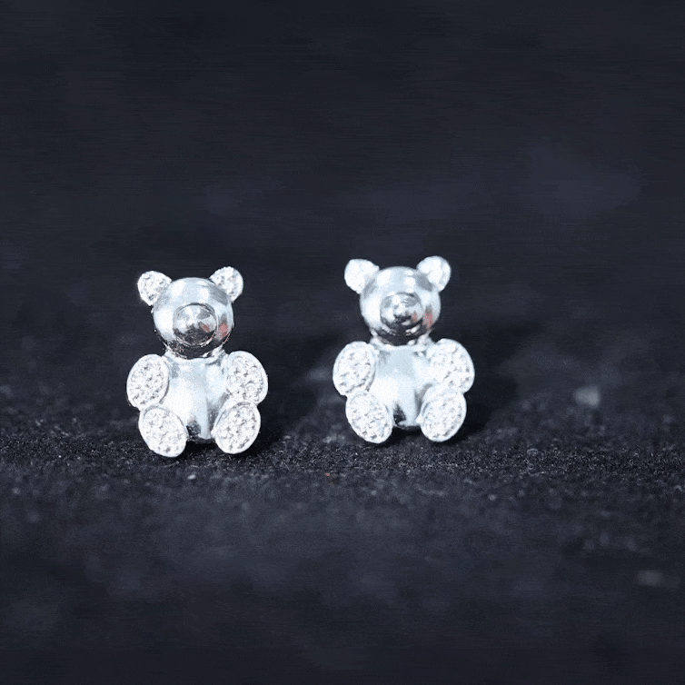 Rosec Jewels teddy bear stud earrings for women featuring small diamond accents, crafted in yellow gold.