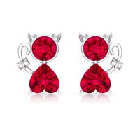 2 CT Kitty Stud Earrings with Round and Heart Shape Created Ruby