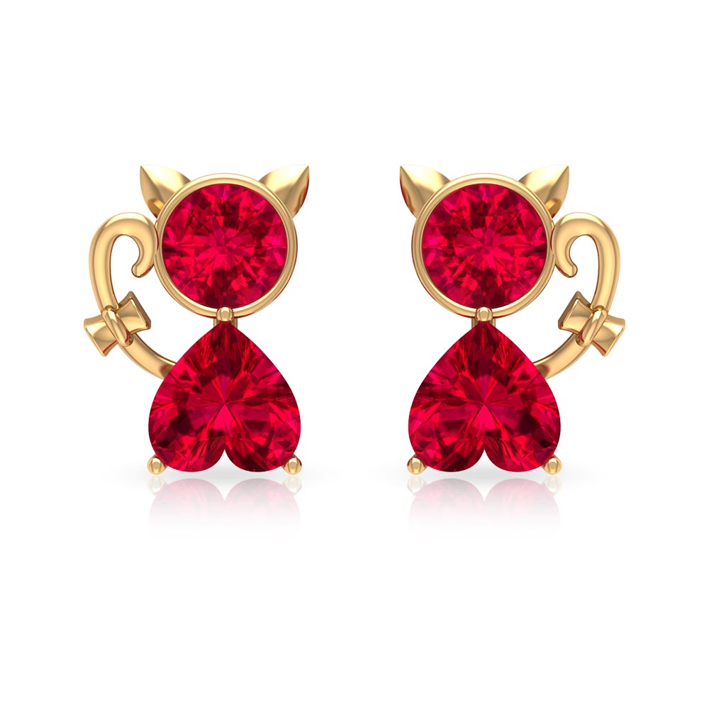 2 CT Kitty Stud Earrings with Round and Heart Shape Created Ruby