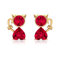 2 CT Kitty Stud Earrings with Round and Heart Shape Created Ruby