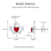 0.94 Carat Heart Shape Ruby Maple Leaf Stud Earrings