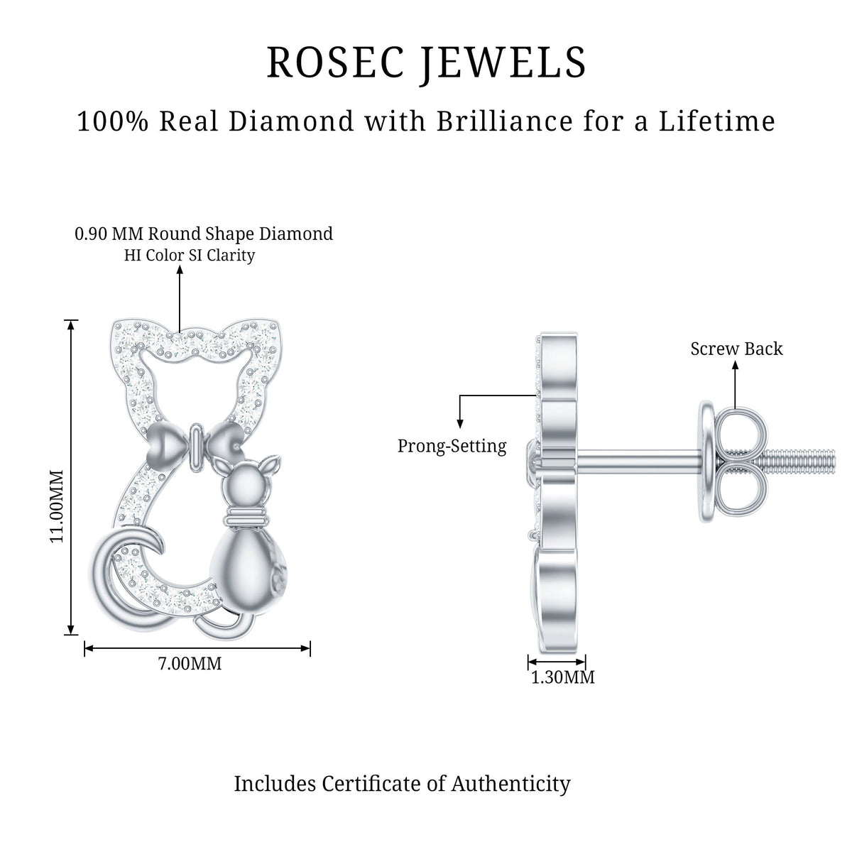 Certified diamond cat stud earrings by Rosec Jewels featuring sparkling diamond cats on sterling silver studs.