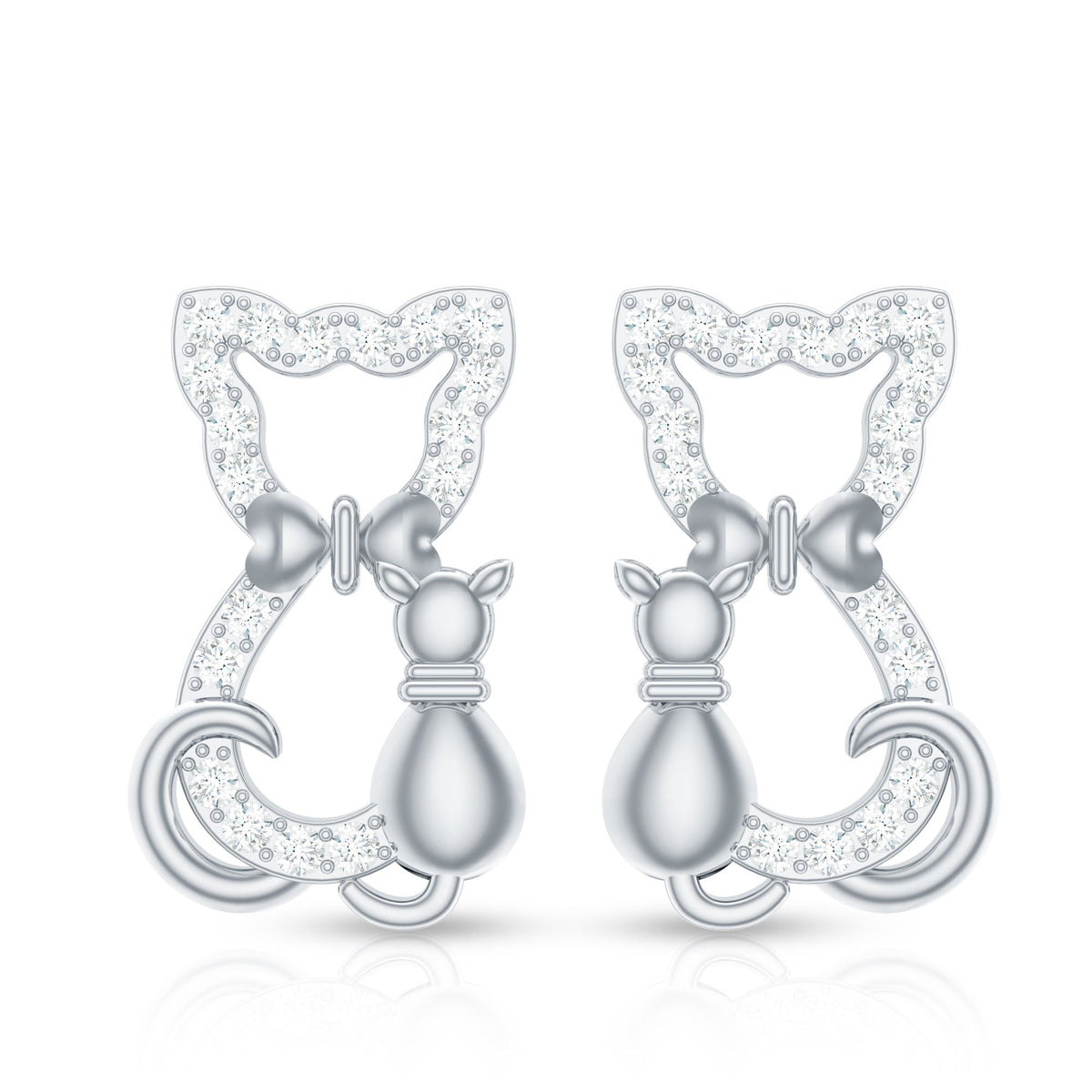 Certified diamond cat stud earrings by Rosec Jewels featuring sparkling diamond designs on sterling silver settings.