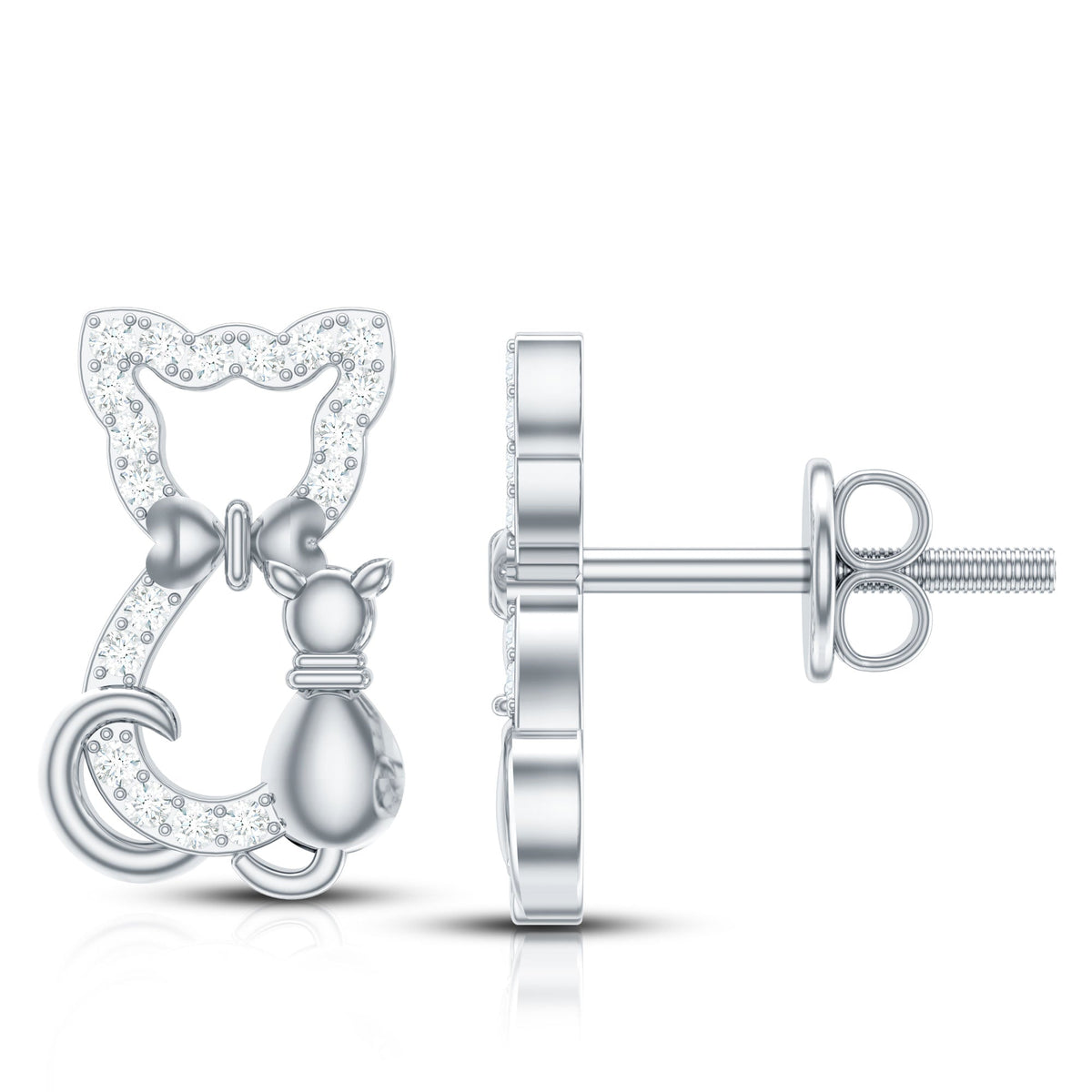 Certified diamond cat stud earrings by Rosec Jewels, featuring sparkling diamond accents on silver earrings.