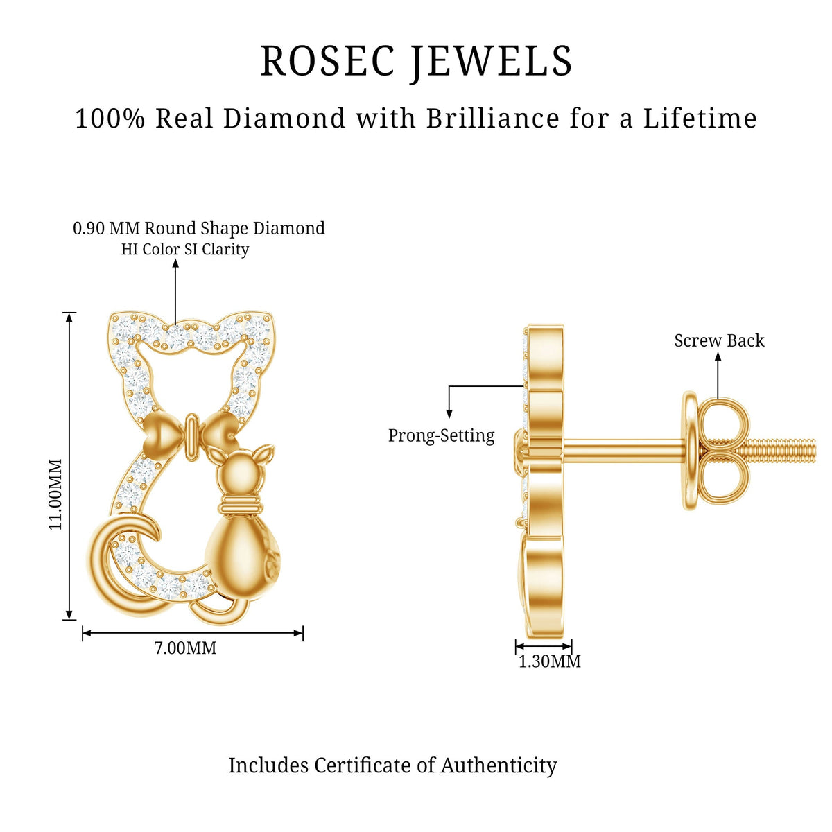 Certified diamond cat stud earrings by Rosec Jewels featuring sparkling diamond accents on silver posts.