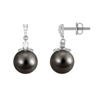 Cultured 16 Carat Black Tahitian Pearl Bridal Drop Earrings with Diamond