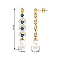 Freshwater Pearl Dangle Earrings with Blue Topaz and Diamond