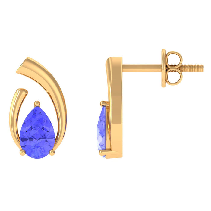 Real Tanzanite solitaire teardrop stud earrings by Rosec Jewels featuring sparkling blue-violet gemstones.