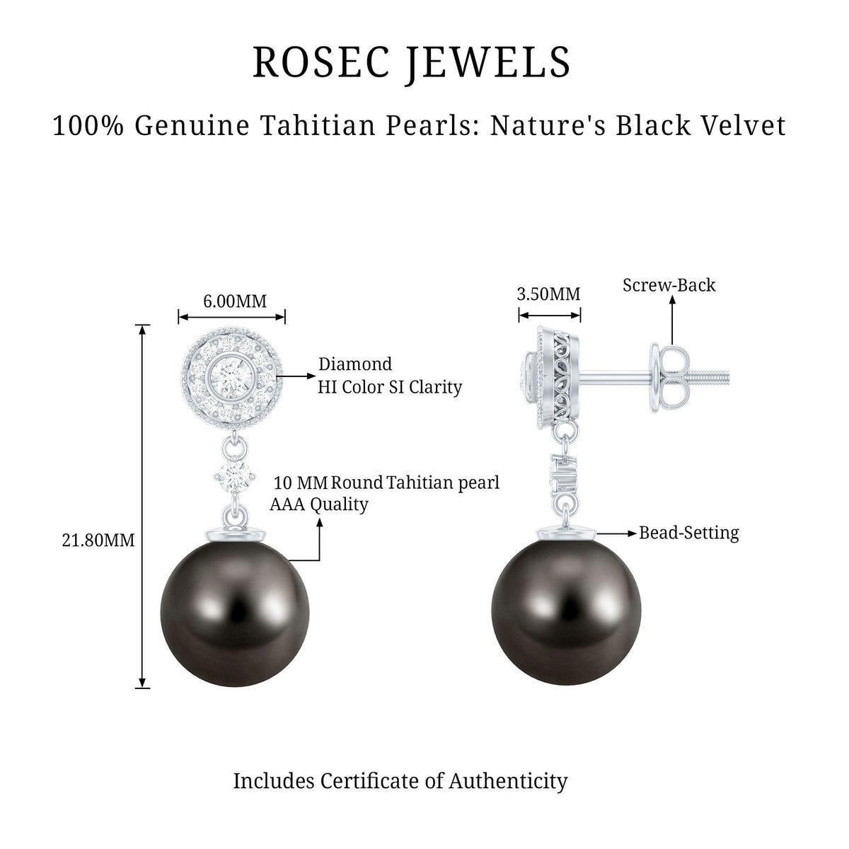 Natural 15 Carat Tahitian Pearl Diamond Drop Earrings for Women