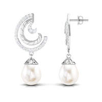 Designer Freshwater Pearl Bridal Drop Earrings with Diamond