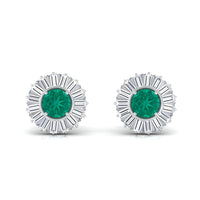 1 CT Prong Set Emerald Stud Earrings with Baguette Diamond Halo
