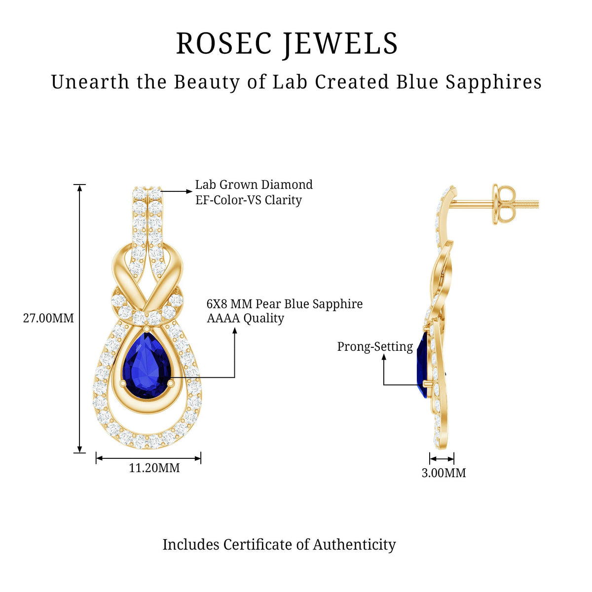 Lab Grown Blue Sapphire Wedding Earrings with Diamond