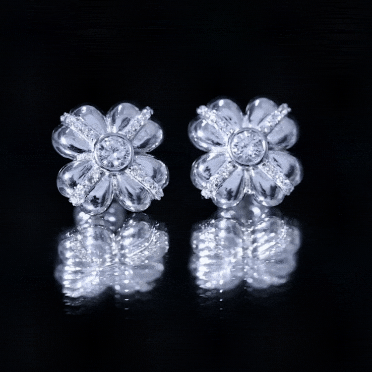 Yellow lab-grown diamond flower stud earrings with screw back from Rosec Jewels, showcasing sparkling gemstone flower design.