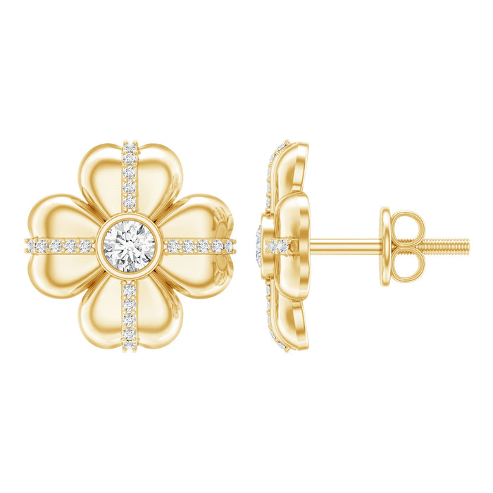 Rosec Jewels lab grown diamond flower stud earrings with screw back, featuring sparkling diamond details on elegant earrings.