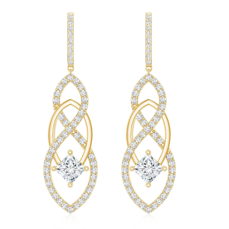 Rosec Jewels certified lab-grown bridal dangle earrings with intricate design and sparkling gemstones.