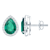 Sterling Silver 1.4 Carat Lab Grown Emerald Teardrop Earrings with Halo