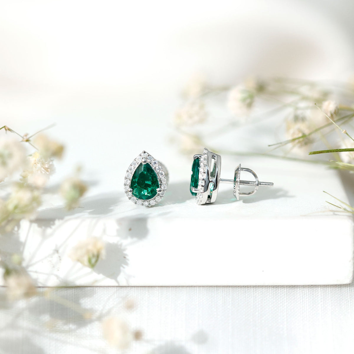 Sterling Silver 1.4 Carat Lab Grown Emerald Teardrop Earrings with Halo