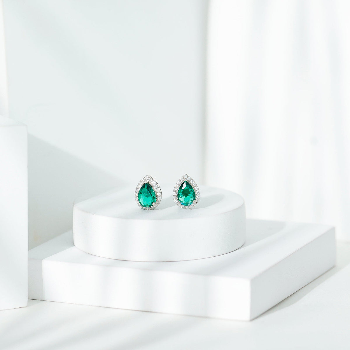 Sterling Silver 1.4 Carat Lab Grown Emerald Teardrop Earrings with Halo