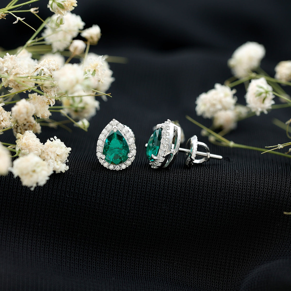 Sterling Silver 1.4 Carat Lab Grown Emerald Teardrop Earrings with Halo