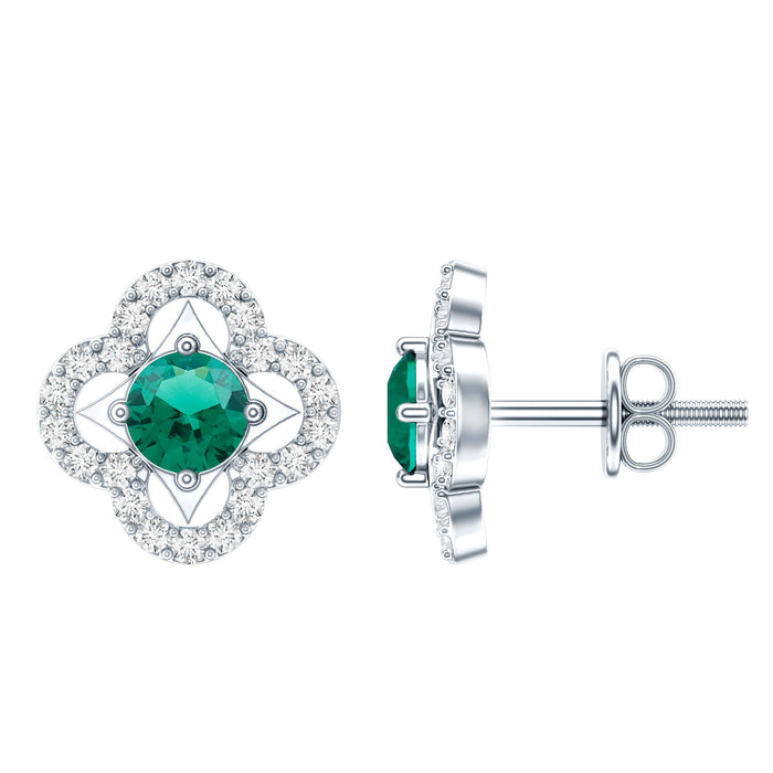 Lab-created emerald flower earrings with moissanite stones by Rosec Jewels, showcasing intricate floral design and sparkling gemstones.