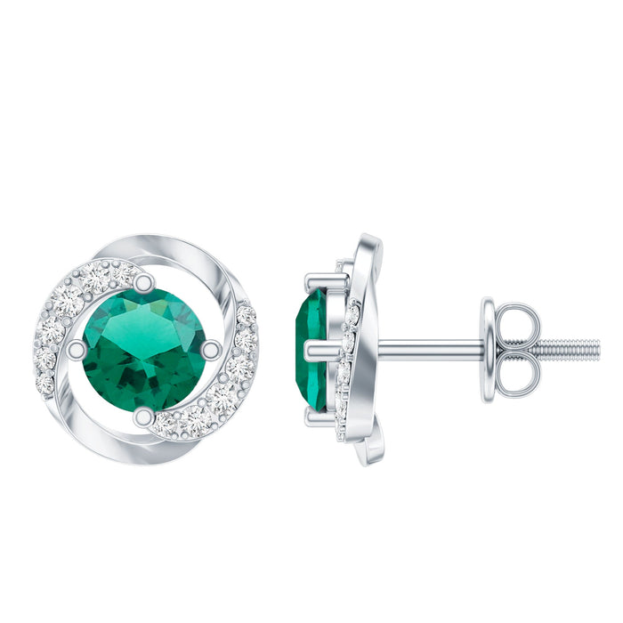 Certified 1 Carat lab-grown emerald swirl stud earrings with moissanite from Rosec Jewels, featuring vibrant green stones and sparkling accents.