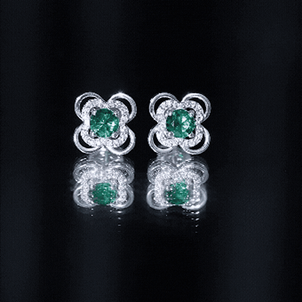 Rosec Jewels 1 Carat Lab Grown Emerald Flower Earrings with certificate, showcasing elegant white gemstone flower design.