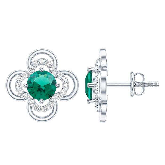 Rosec Jewels 1 Carat lab-grown emerald flower earrings with certificate, showcasing intricate floral design and vibrant green gemstones.