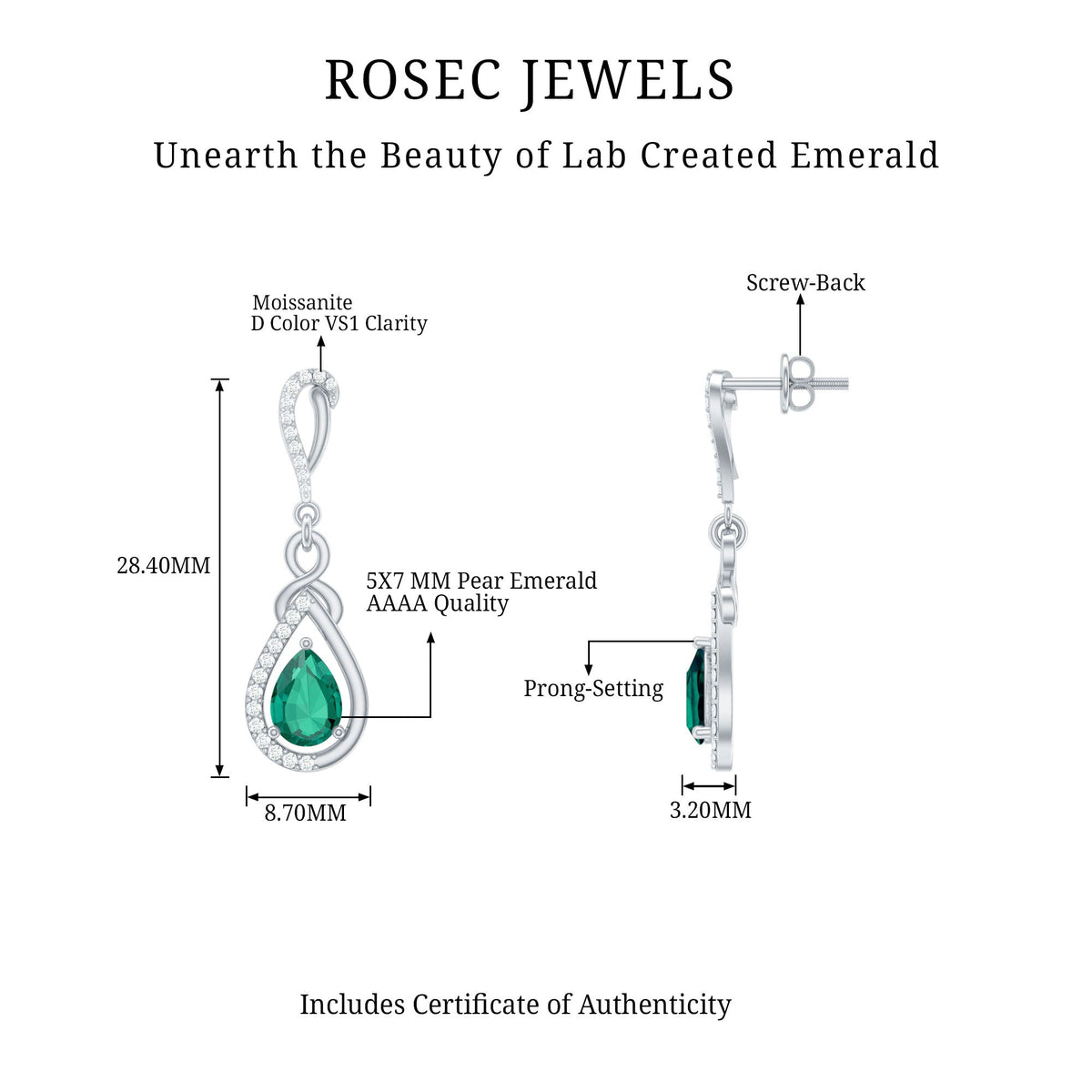 Designer 1.4 Carat Lab Grown Emerald Drop Earrings with Moissanite