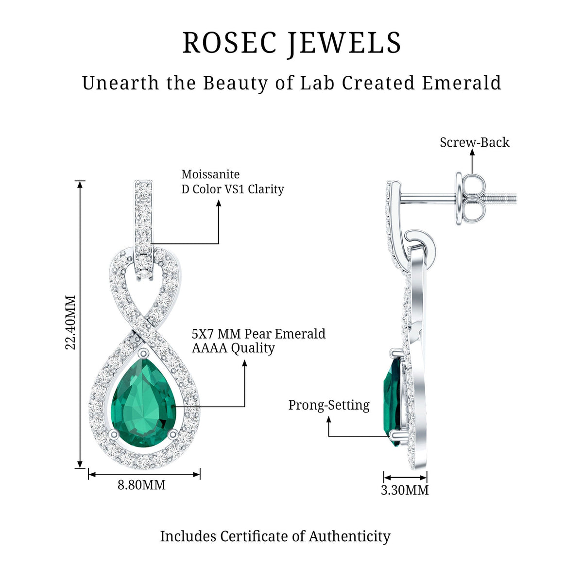 Womens 1.4 Carat Lab Grown Emerald Infinity Drop Earrings with Certificate