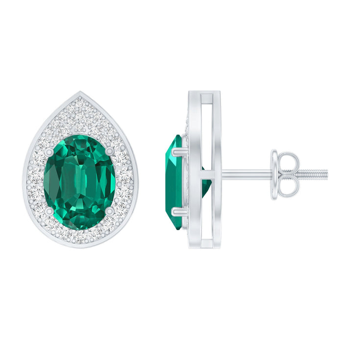Lab-grown emerald teardrop stud earrings with moissanite halo, featuring 2.5 carats, from Rosec Jewels.
