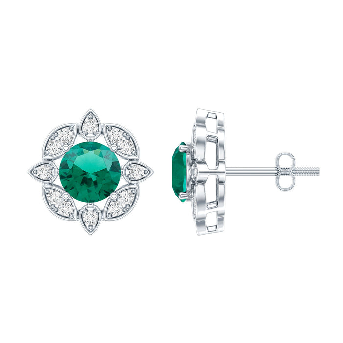 Sterling silver vintage stud earrings with 1.6 carat lab-grown emeralds from Rosec Jewels, showcasing elegant gemstone design.