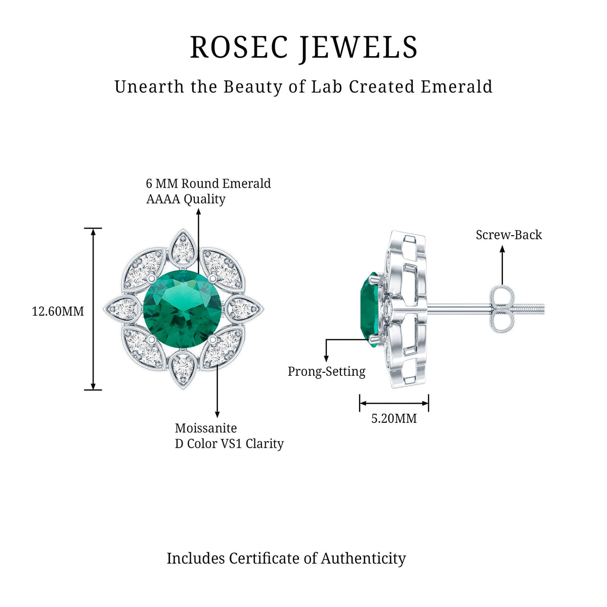 1.6 Carat Lab Emerald Vintage Stud Earrings in Sterling Silver