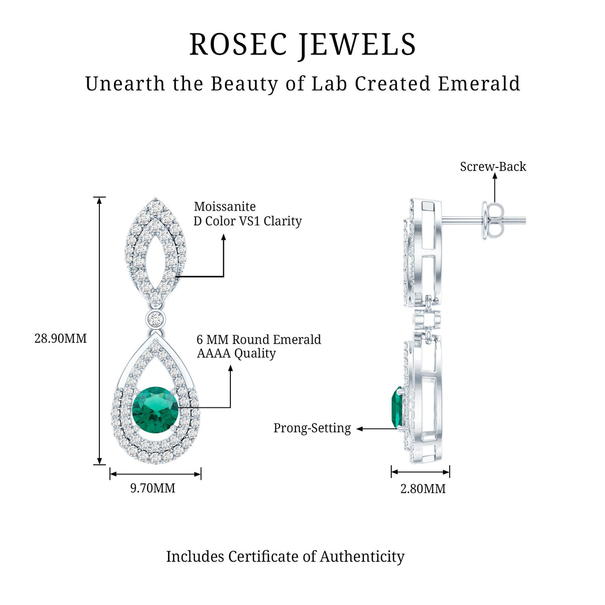 Sterling Silver 1.6 Carat Lab Grown Emerald Teardrop Earrings for Women