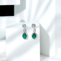 Vintage Inspired 2.5 Carat Oval Lab Emerald Drop Earrings in Silver