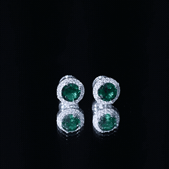Rosec Jewels 1.6 Carat lab-created emerald and moissanite halo stud earrings with bright white stones.