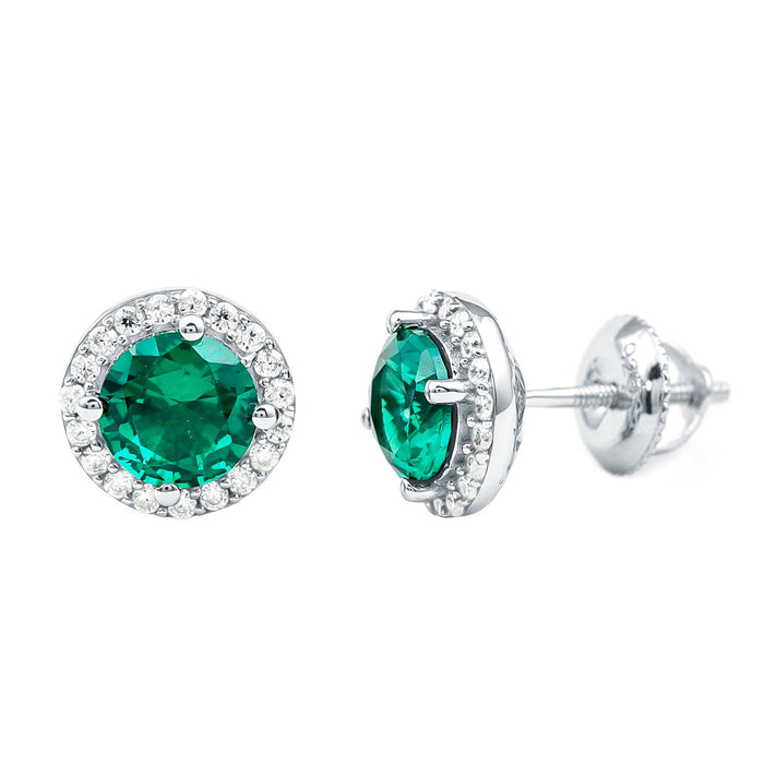 Certified 1.6 Carat lab-created emerald and moissanite halo stud earrings by Rosec Jewels, featuring sparkling gemstone settings.