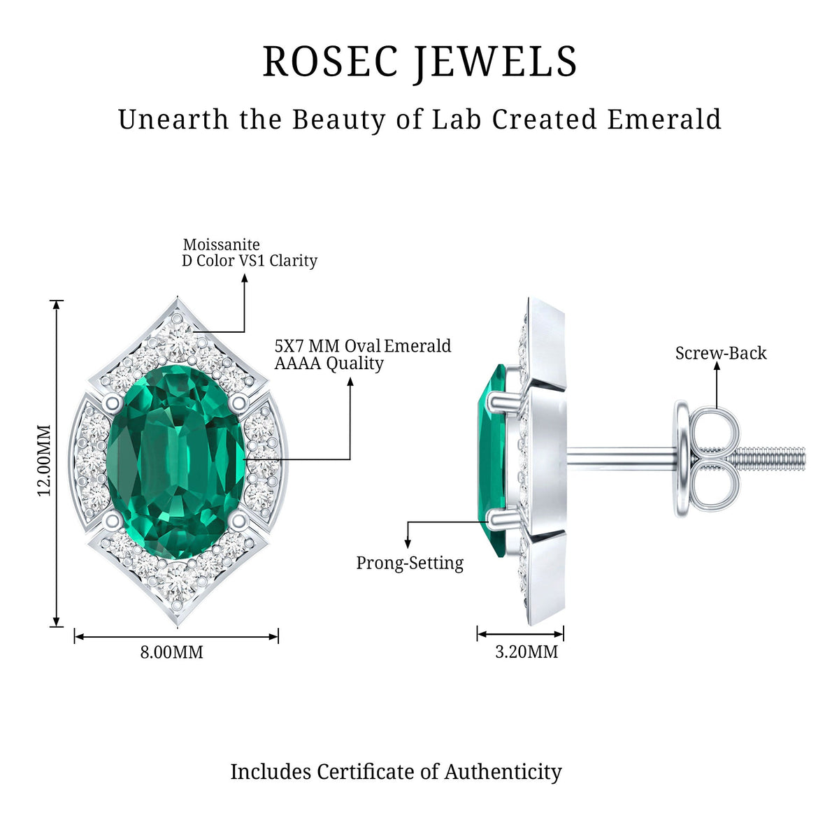 Certified 1.7 Carat Lab Grown Emerald Vintage Stud Earrings with Moissanite