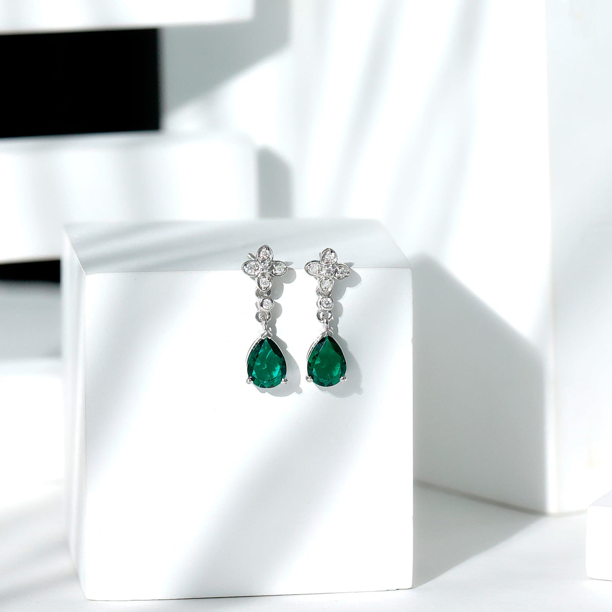 Sterling Silver 2 Carat Lab Grown Emerald Drop Earrings with Moissanite