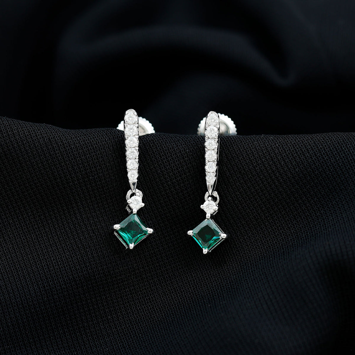 Princess Cut 0.7 Carat Lab Grown Emerald Drop Earrings with Moissanite