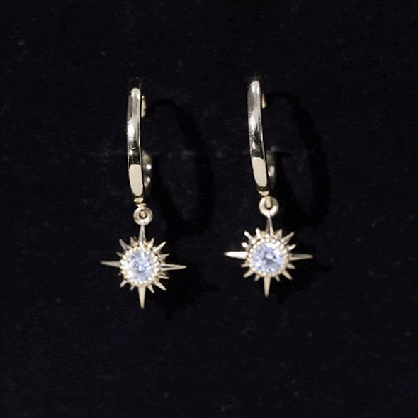 Yellow gold sunburst hoop earrings with lab-grown diamonds from Rosec Jewels, showcasing intricate design and sparkling gemstones.