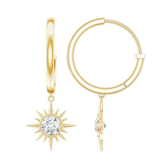 Rosec Jewels certified lab-grown diamond sunburst hoop earrings, showcasing sparkling diamond accents on elegant gold hoops.