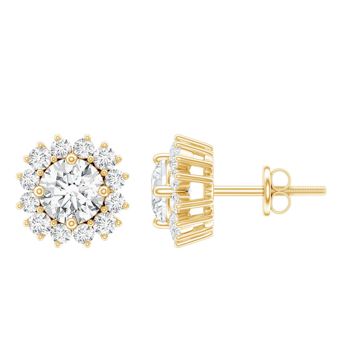 Certified 5mm round lab-grown diamond halo stud earrings from Rosec Jewels featuring sparkling diamond accents and a secure post back.