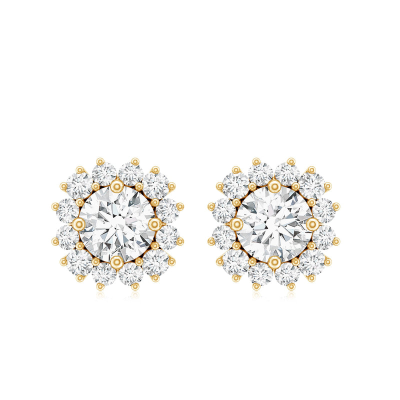 Rosec Jewels certified 5mm round lab-grown diamond halo stud earrings with sparkling diamonds and silver-tone setting.