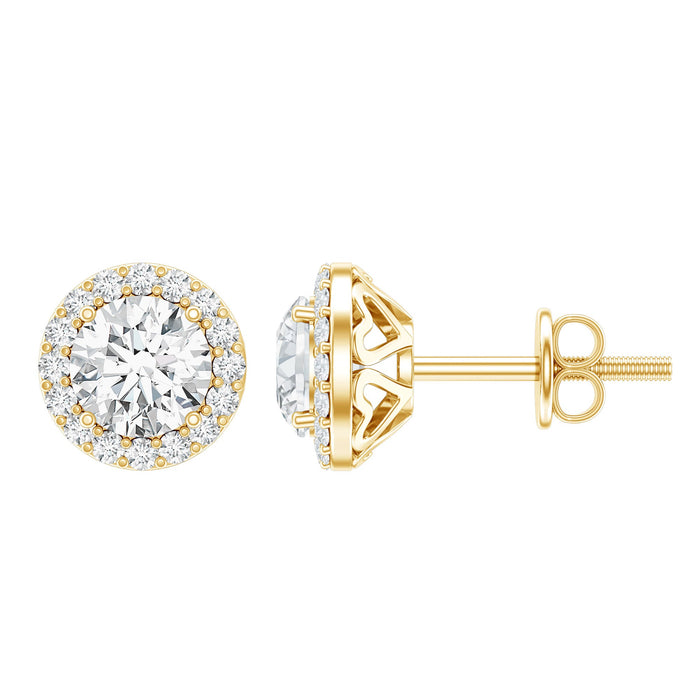 Rosec Jewels 5mm round lab-grown diamond halo stud earrings with screw back, featuring sparkling diamonds and secure closure.