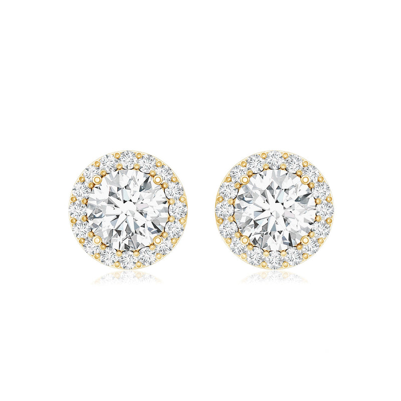 Round lab-grown diamond halo stud earrings with screw back from Rosec Jewels, featuring 5mm diamonds and secure fastening.